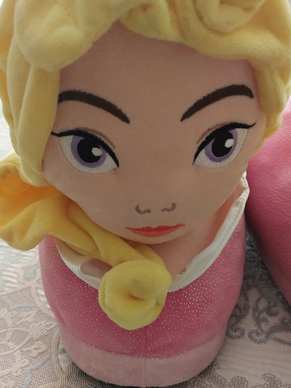 Girls Plush Character Slippers in Pink and Yellow